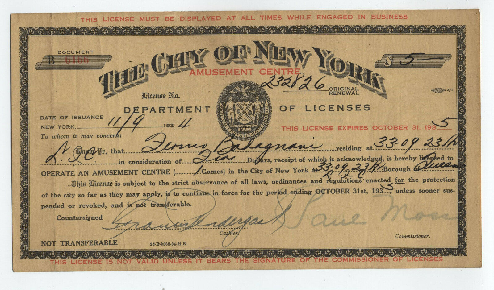 1935 Amusement Centre License City Of New York [y6155]