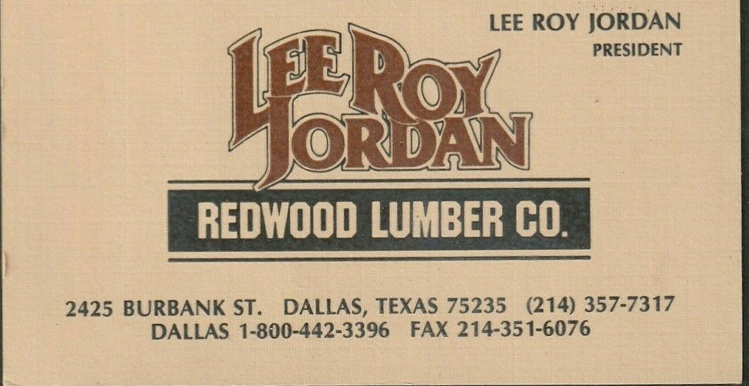 Leroy Jordan Business Card Redwood Lumber Company My21 Dallas Cowboys