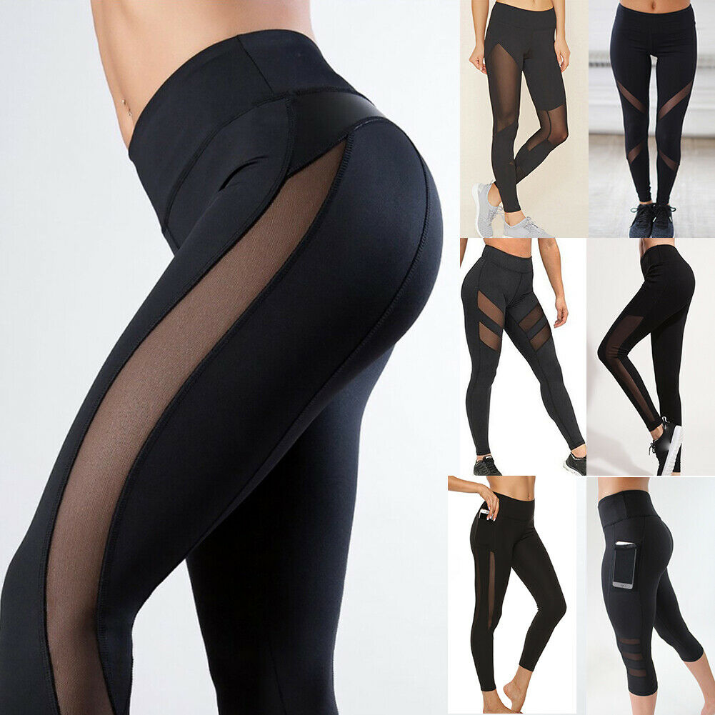 Women High Waist Black Mesh Leggings Gym Yoga Pants Workout Sports Fitness Pants