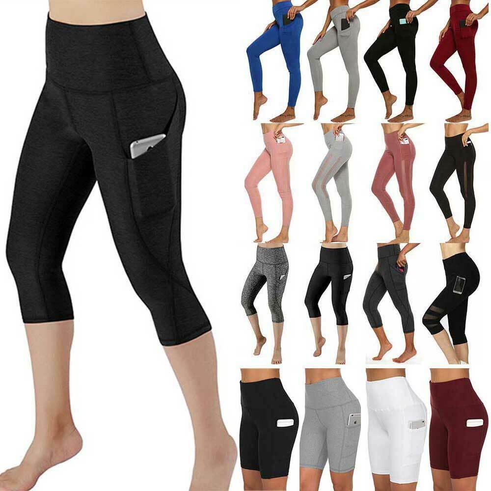 Womens Yoga Pants Capri Leggings High Waist Pockets Gym Sports Fitness Trousers