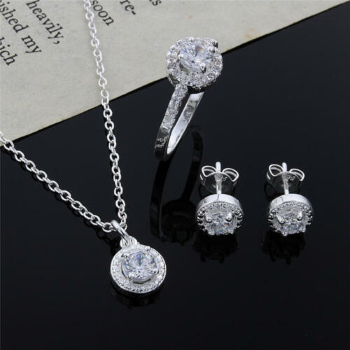 Fashion Women Lady Wedding 925 Silver Crystal Necklace Earring Ring Jewelry Set