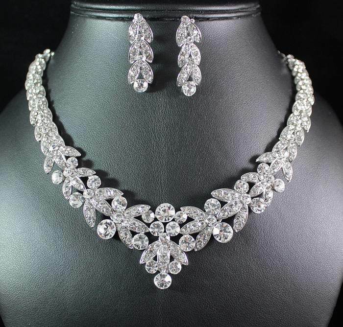 Floral Clear Austrian Rhinestone Crystal Necklace Earrings Set Bridal Prom N1601