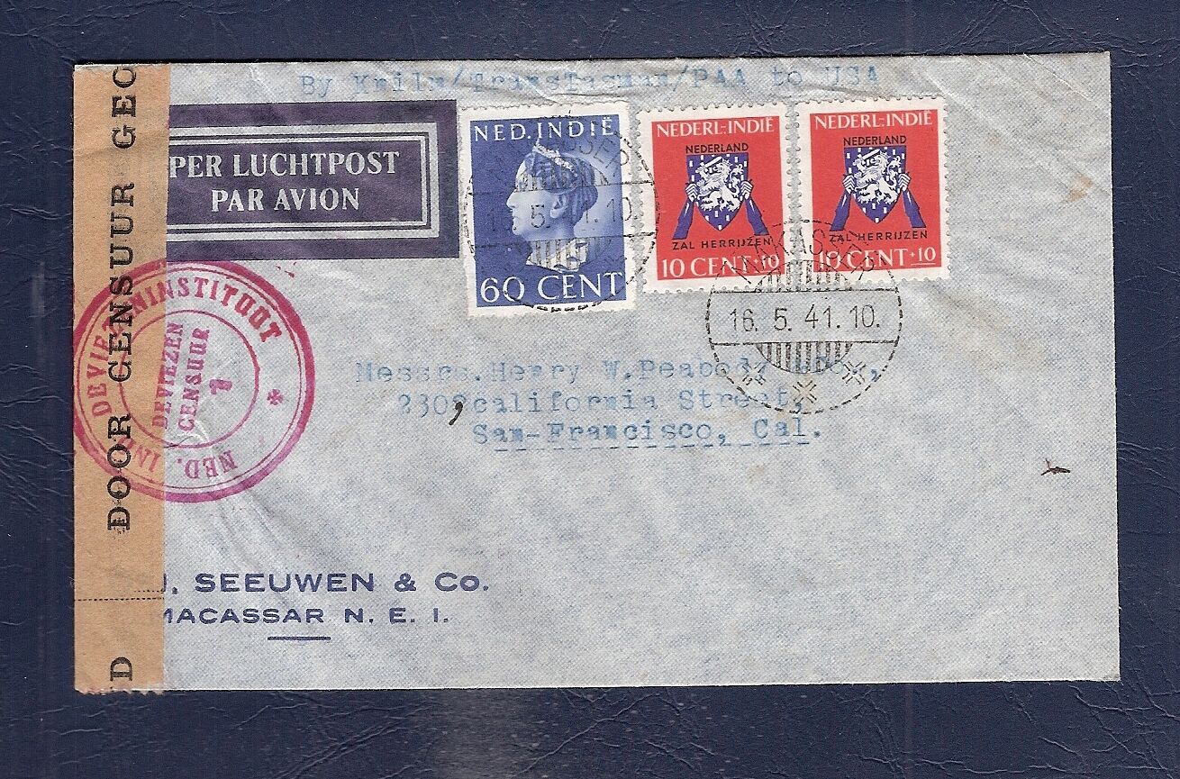 2 Netherlands Indies 1941 Censored Airmail Cover To Usa  Clipper Trans Am Knilm