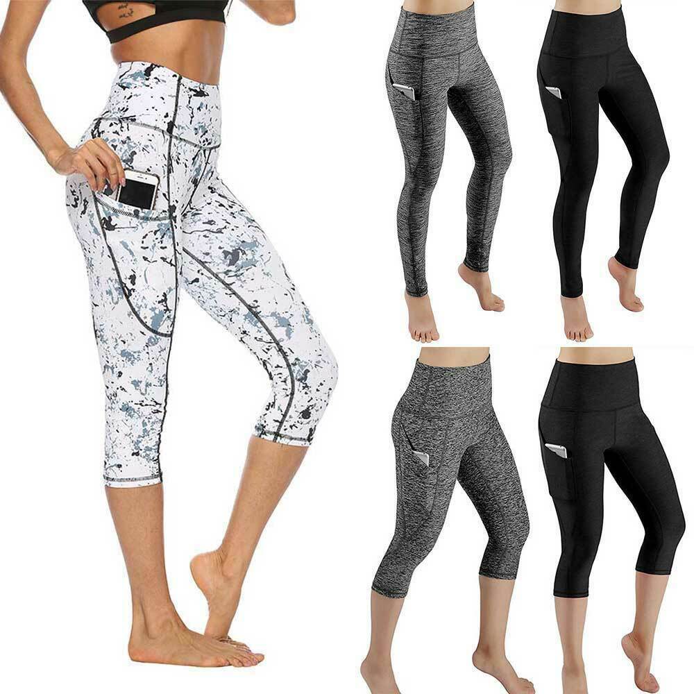 Womens Capri Yoga Pants Pockets Gym Sport Fitness Cropped Leggings Workout Tight