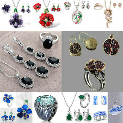 Women Fashion 925 Silver Oval Cut Black Onyx Ring Necklace Wedding Jewelry Set