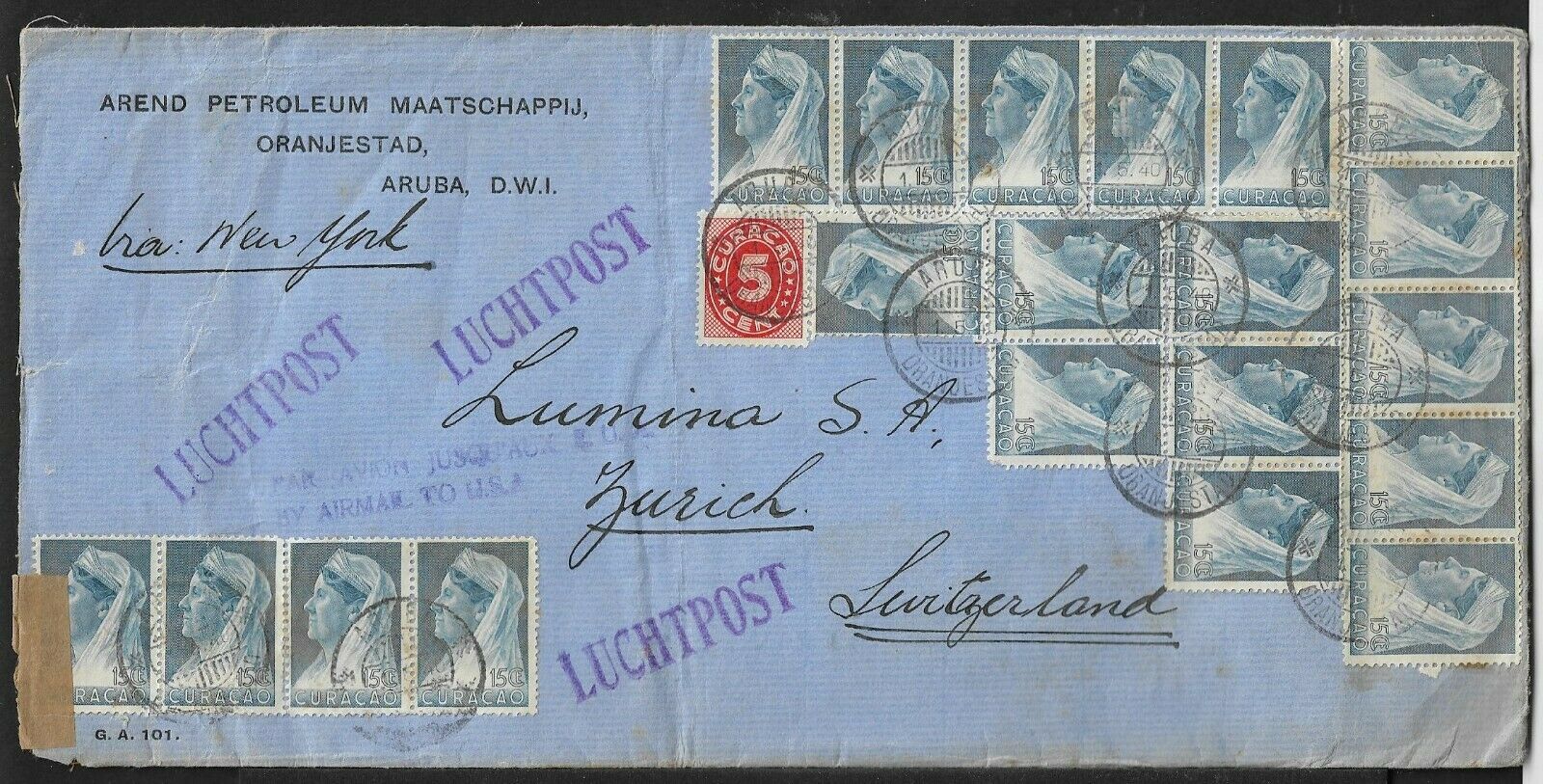 Curacao To Switzerland Air Mail Cover High Franking 1940