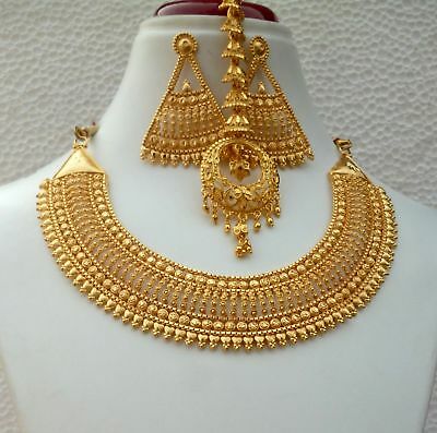4indian 22k Gold Plated Bollywood 9" Long Gorgeous Necklace Earrings Tikka Set A