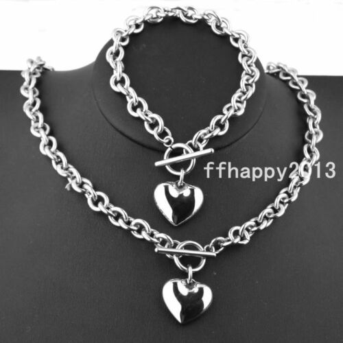 Womens Charm Stainless Steel Rolo Chain Solid Heart Toggle Bracelet Necklace Set