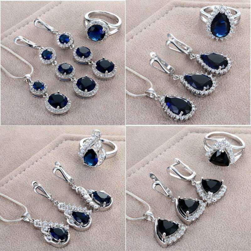 Fashion 925 Silver Jewelry Set Teardrop Sapphire Ring Earrings Necklace Wedding