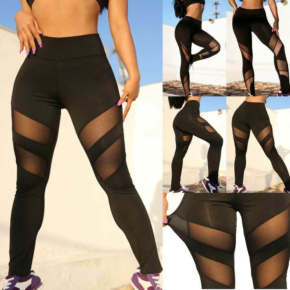 Sexy Women High Waist Yoga Pants Black Mesh Leggings Gym Sports Running Fitness