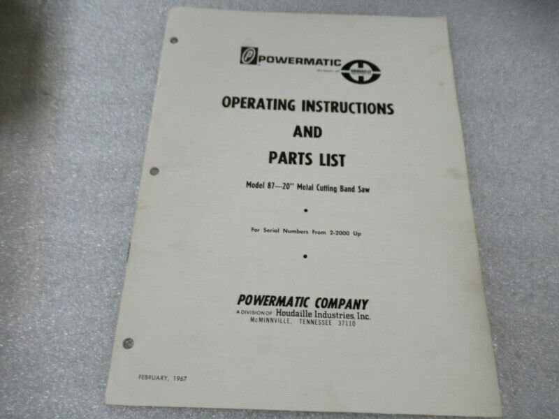 Pm199 1968 Powermatic 20" Band Saw Operating Instructions & Parts List Manual