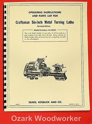 Craftsman/atlas 6" Metal Lathe 101.07301 Owner's Manual ~revised 0189